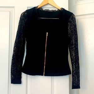 Bebe black lace front zipper long sleeve top size small